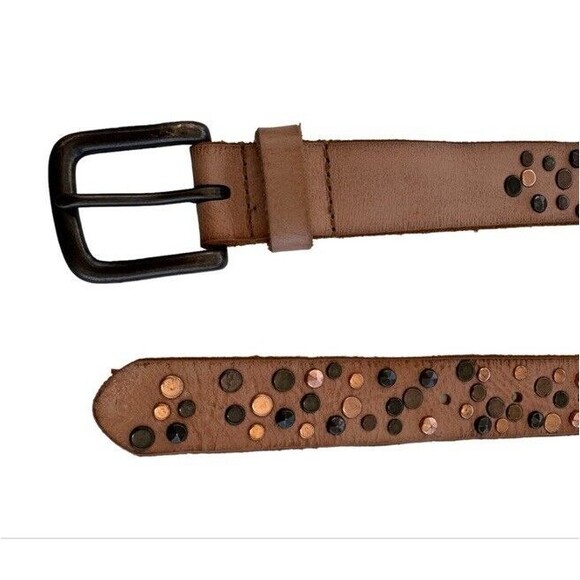 COWBOYSBELT Studded Leather Belt Tan Rivets Western Biker Boho Chic 90 Medium - Picture 4 of 8